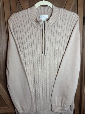CARROLL REED Beige 100% Cotton Cable Knit 1/4 Zip Pullover Sweater SIZE XL